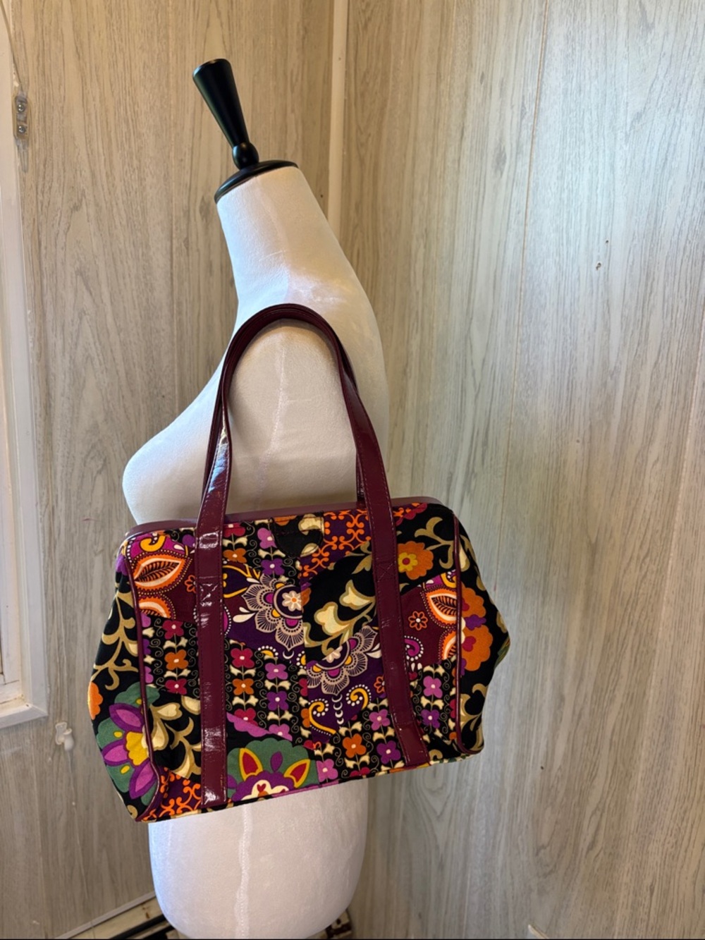 Vera Bradley Floral Tote with Burgundy Patent Handles